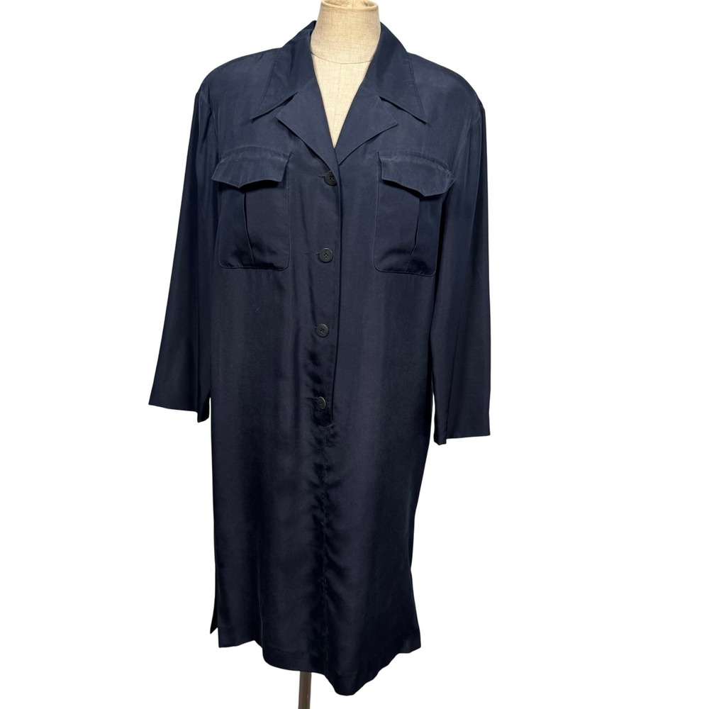 Patrick Collection Silk Button Shirt Dress 8 Navy Midi Minimalist Career Utility